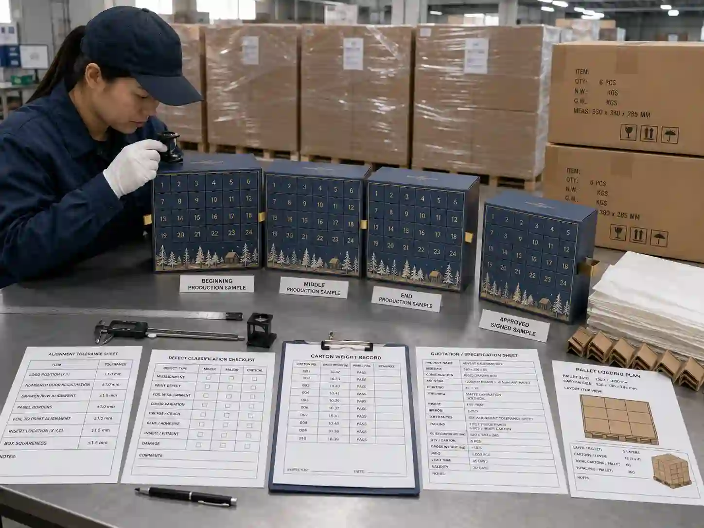 Printed advent calendar box alignment inspection with export packing and quotation documents