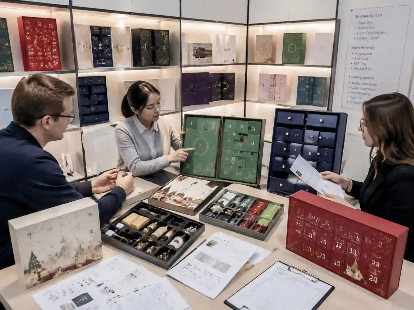 B2B buyers comparing custom advent calendar box structures and product-fit samples to avoid shipping delays from China.