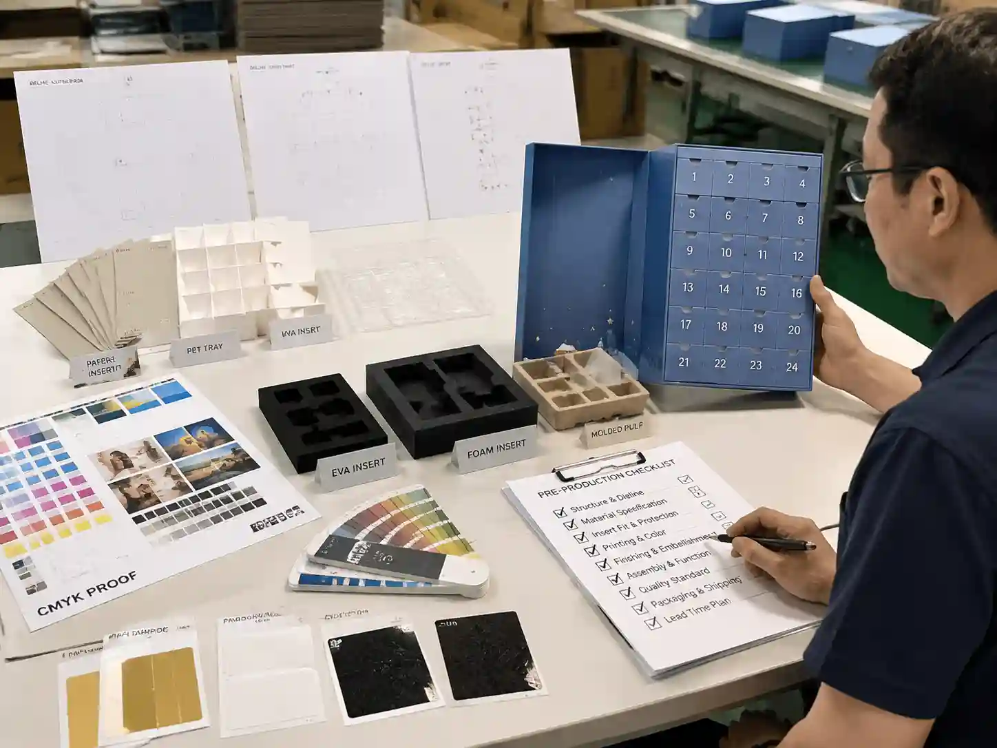 Packaging engineer checking dielines, materials, inserts, and prototype samples to prevent advent calendar box production delays.