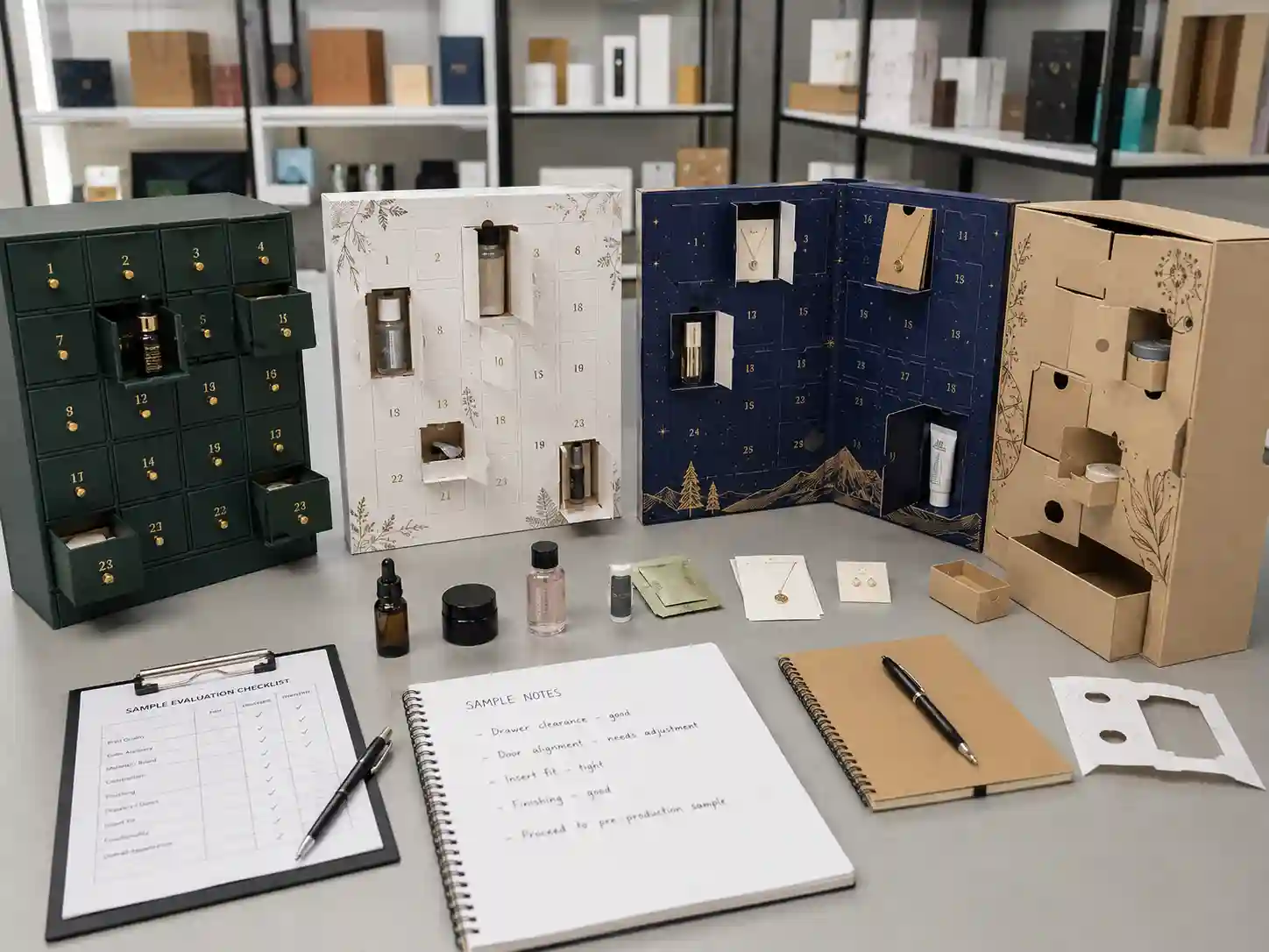 Finished drawer, door-opening, fold-out, and paperboard advent calendar box samples being compared before buyer approval