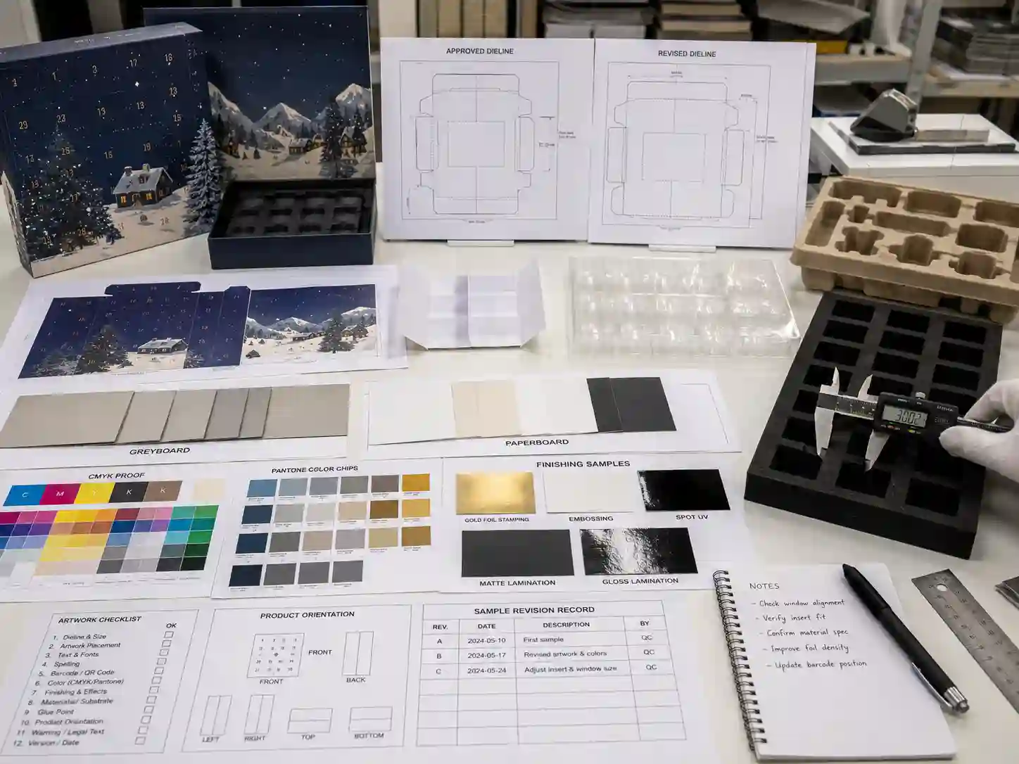 Advent calendar dieline, insert, material, artwork, and dimensional checks on a factory sample-development table