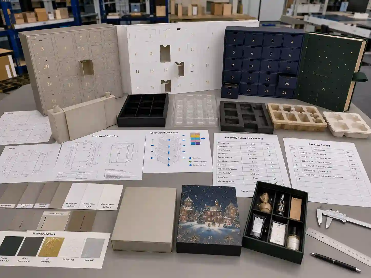 Factory development table for advent calendar structure, material, insert, and pre-production sample review
