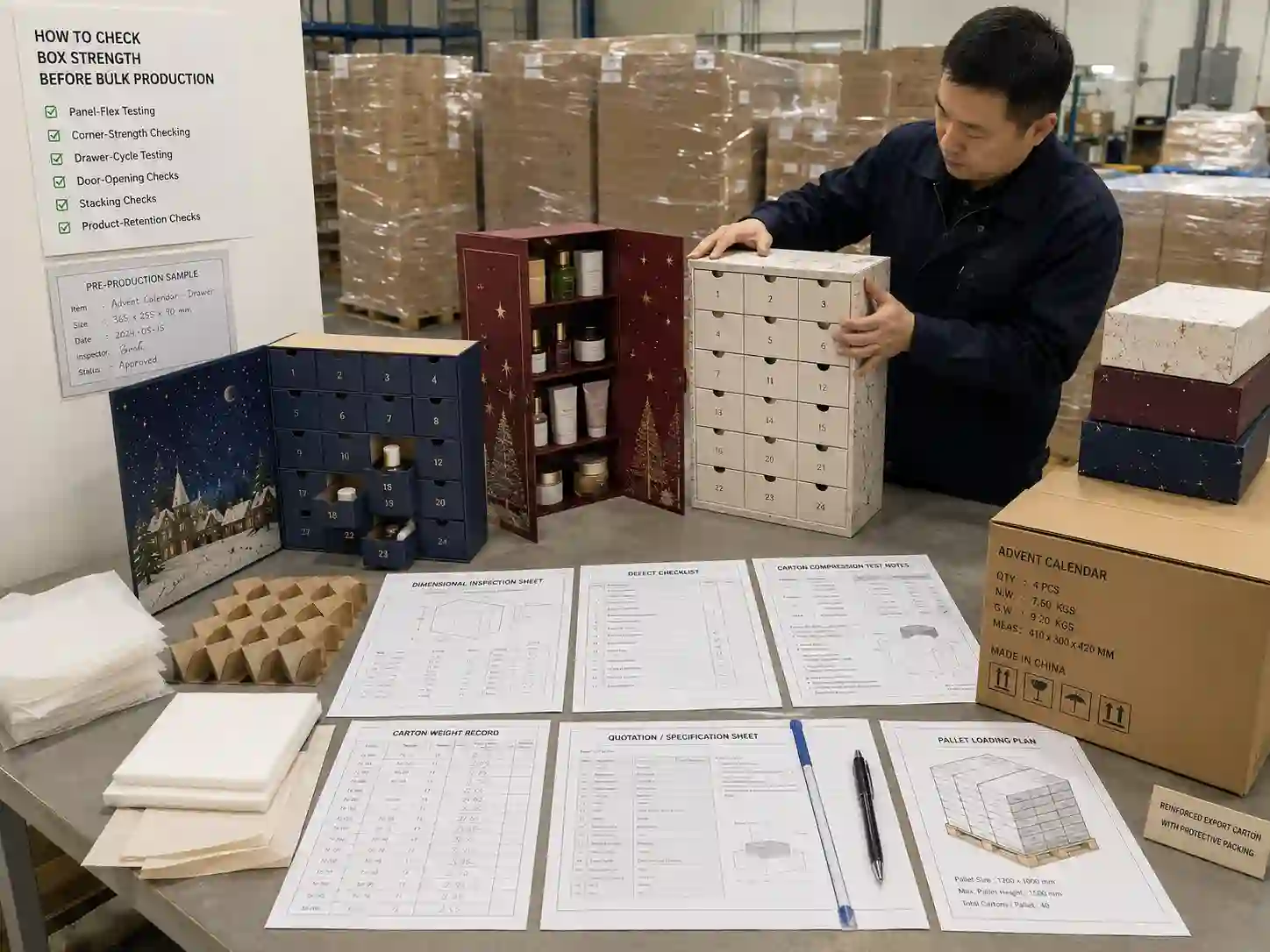 Advent calendar box strength inspection, export-carton preparation, and pallet packing before mass production