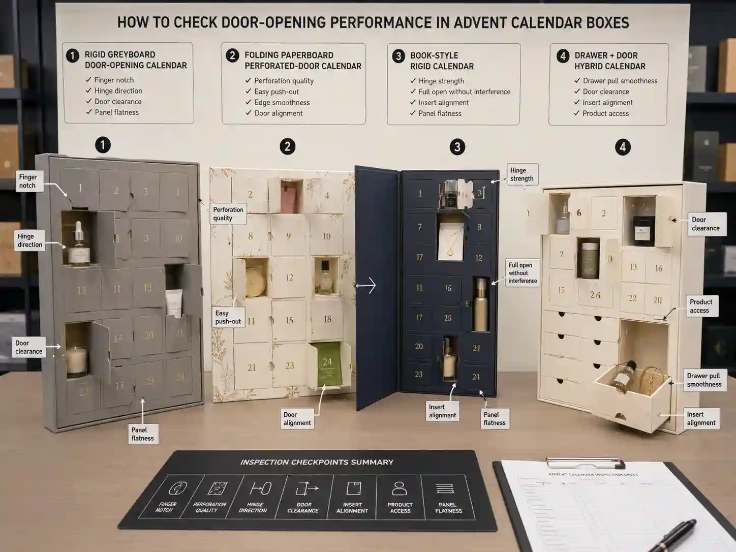 Finished door-opening advent calendar box samples compared for perforation, hinge, insert alignment, and product access.