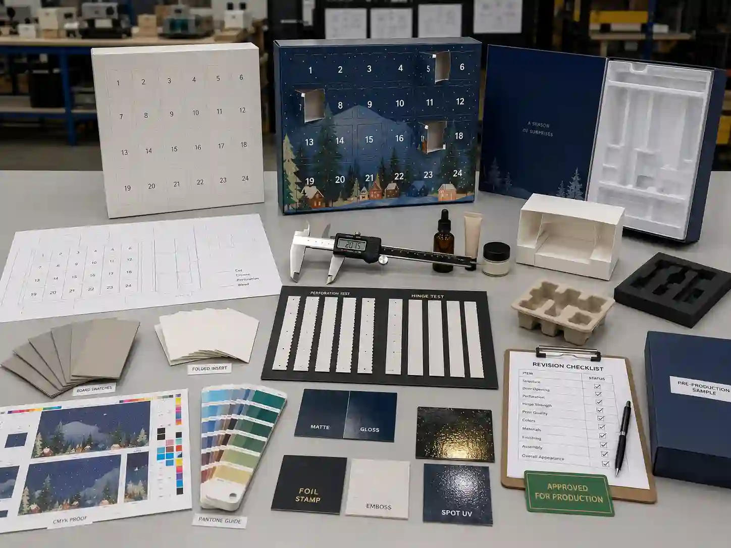 Factory sample-development table for checking advent calendar door dielines, perforations, inserts, materials, and printed proofs.