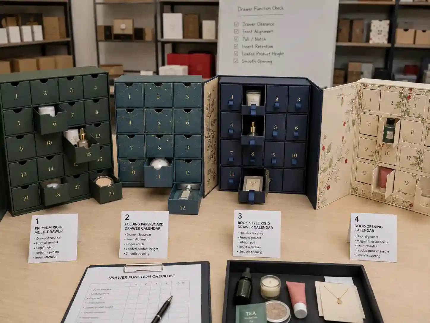 Buyer comparing drawer function, clearance, alignment, and product fit in custom advent calendar box samples
