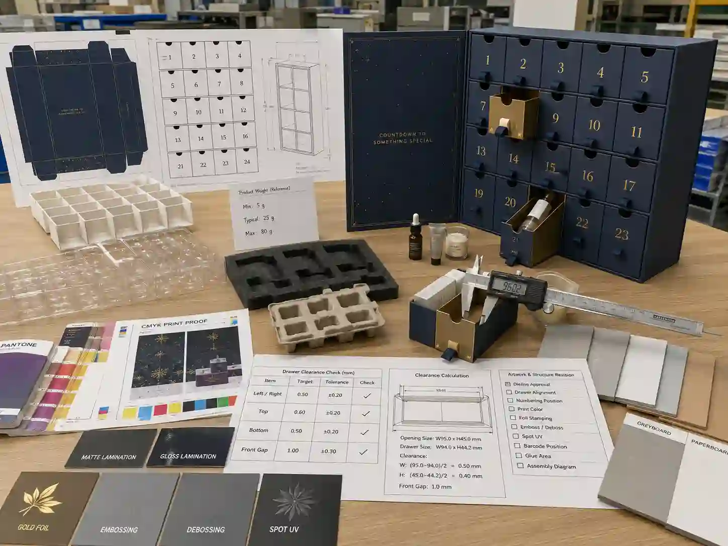 Packaging engineering table with drawer dielines, material samples, inserts, artwork proofs, and clearance measurements