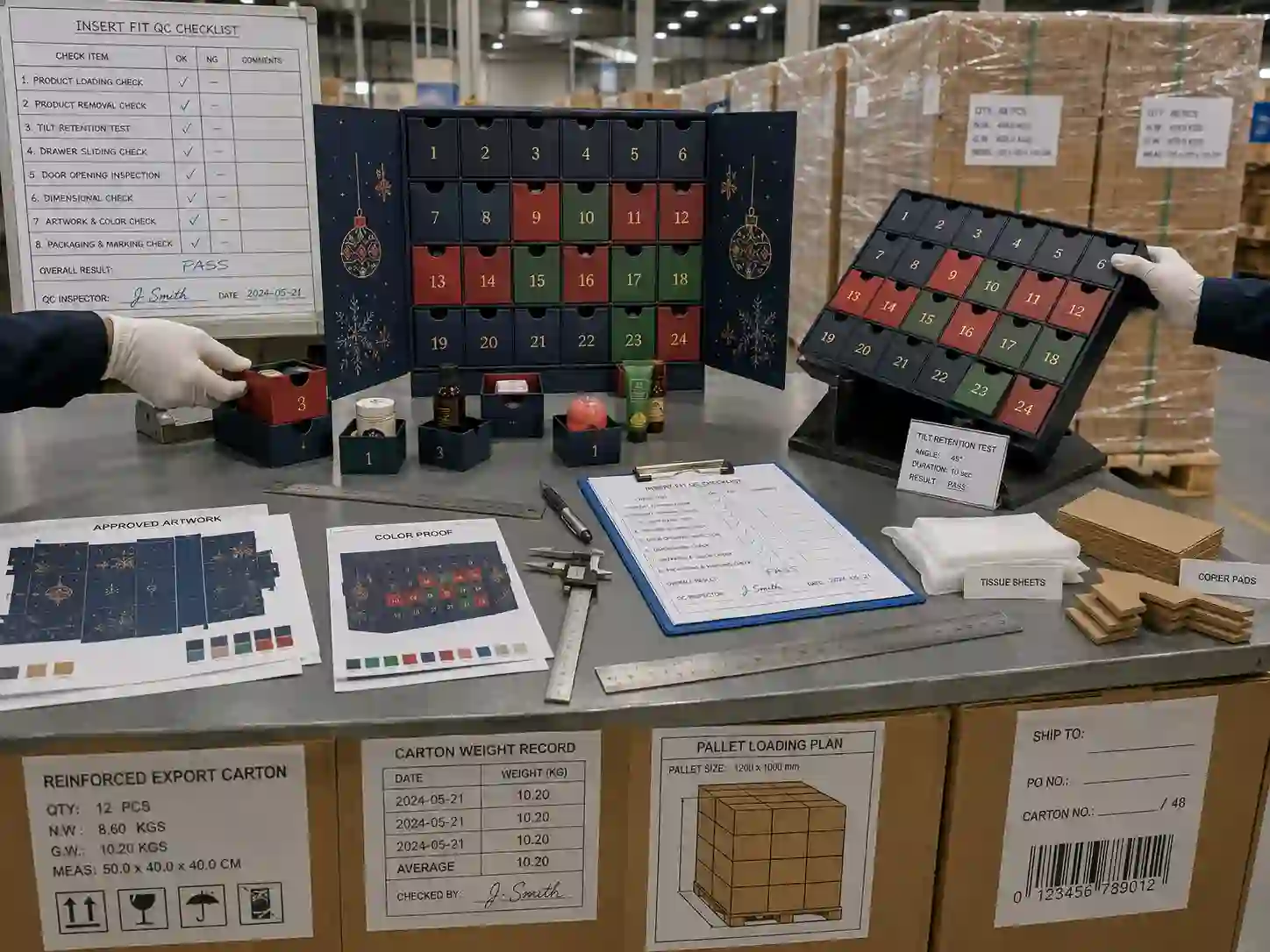 Factory QC inspection of a loaded advent calendar insert with sample approval records, export cartons, and pallet packing