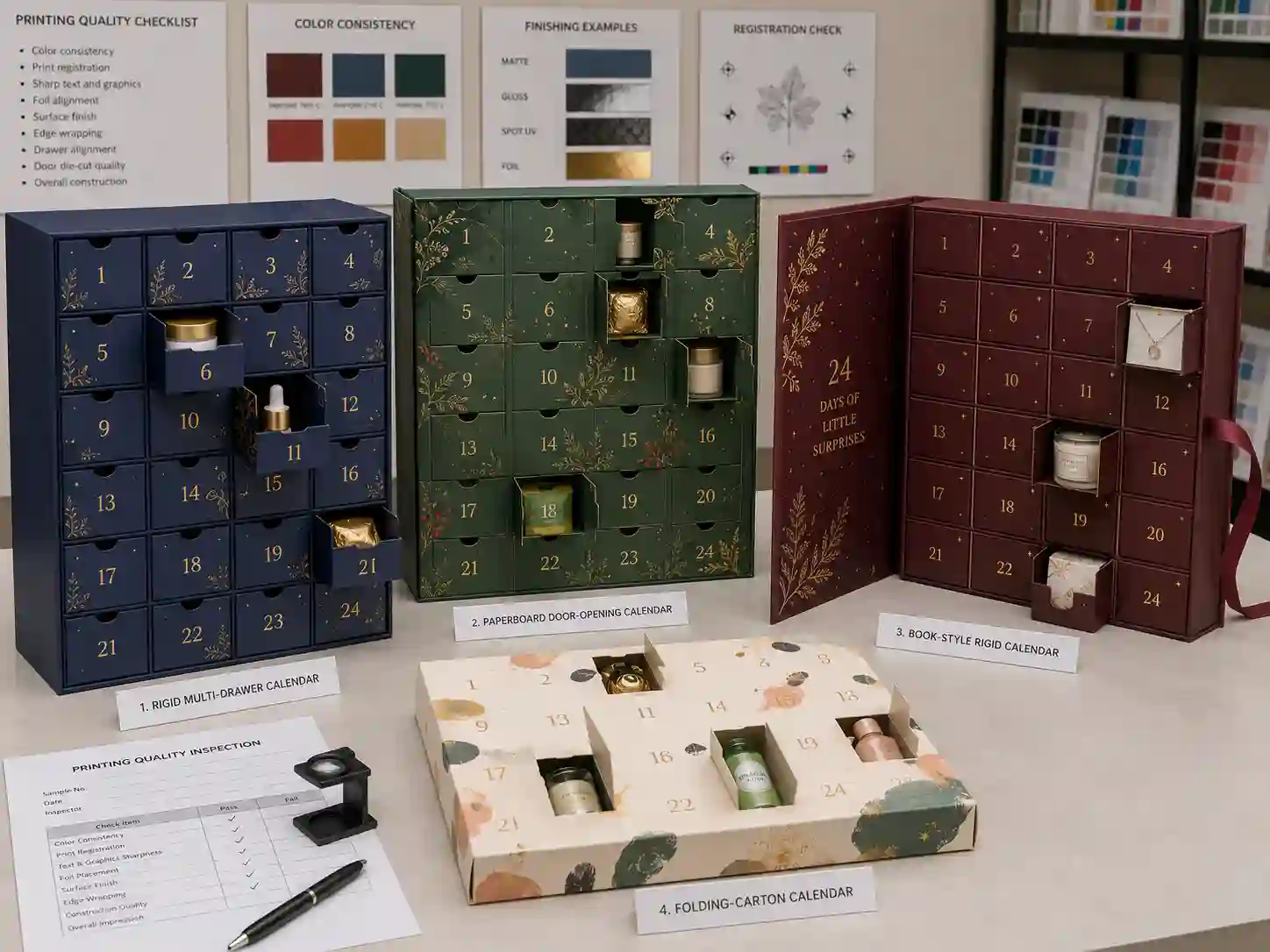 Finished advent calendar box samples compared for printing quality, color consistency, numbering, alignment, and surface finishing