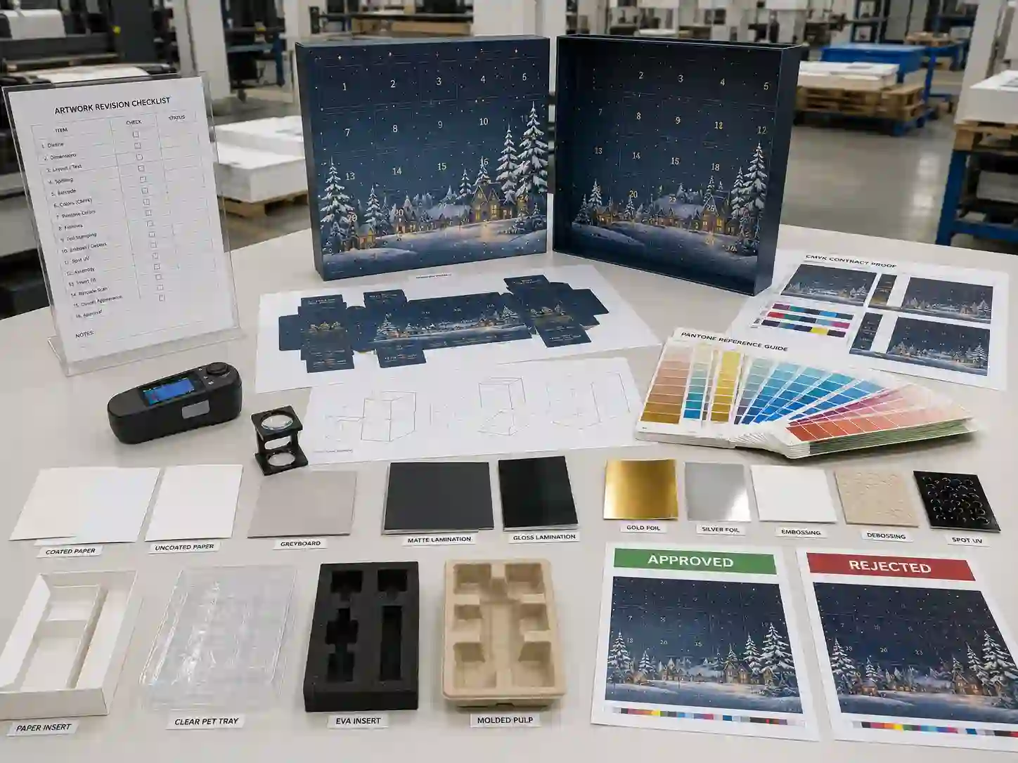 Factory print-development table with dielines, color proofs, Pantone references, materials, finishes, and advent calendar box samples