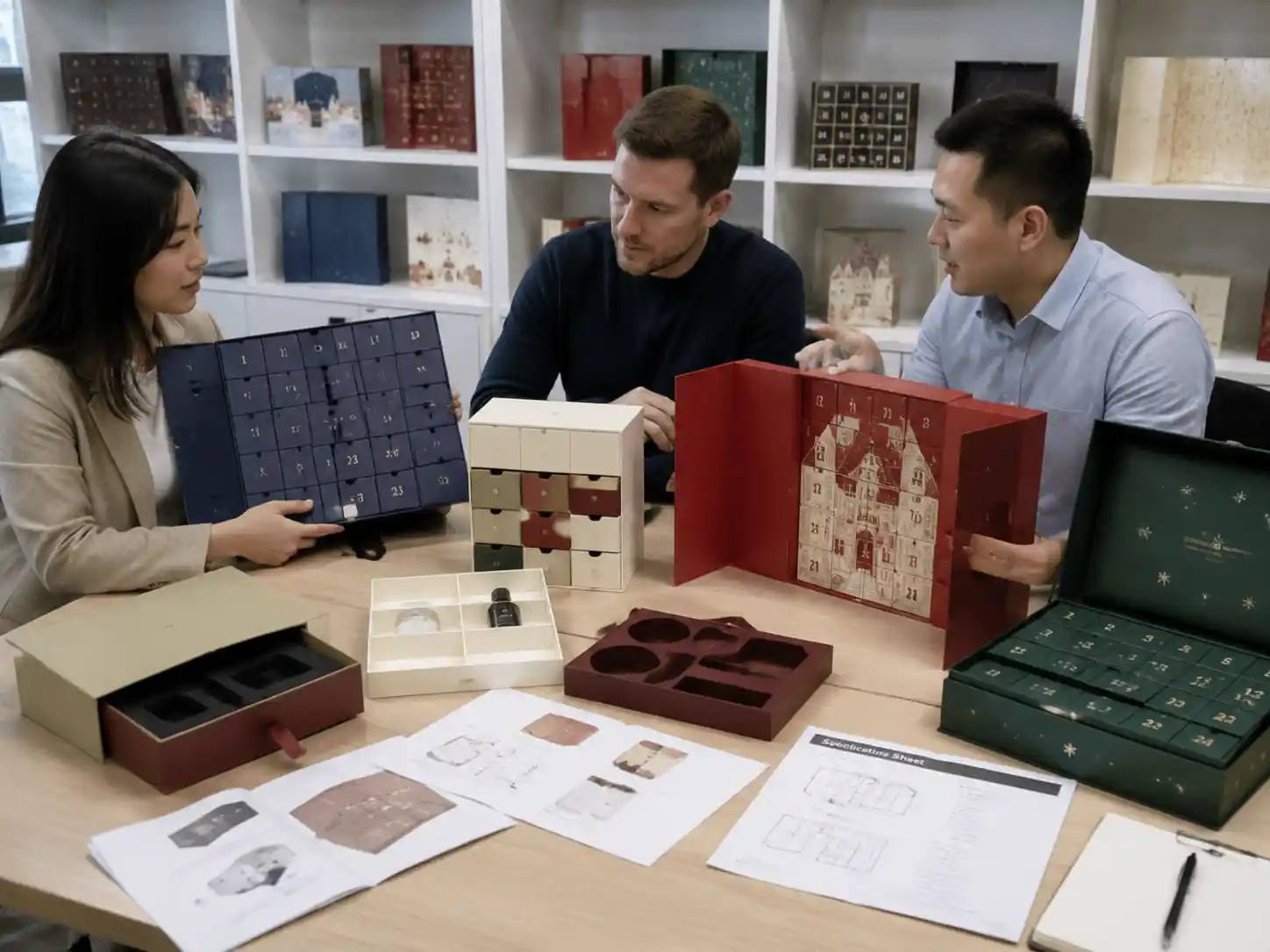 B2B buyers comparing custom advent calendar box structures and packaging samples for holiday campaigns
