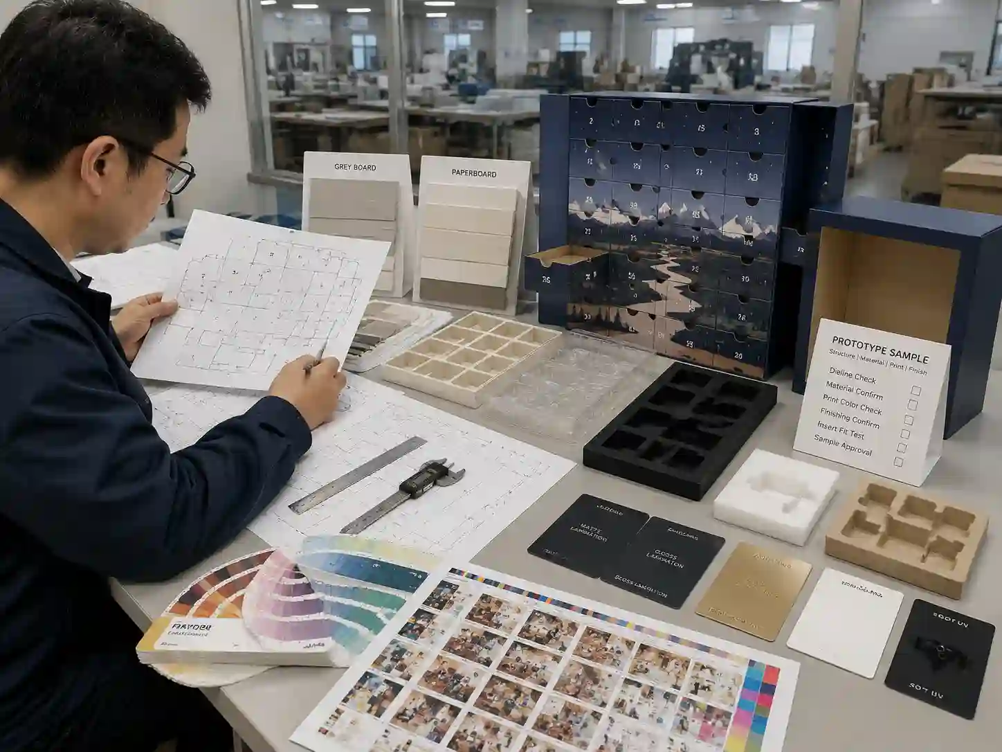 Packaging engineer reviewing samples, materials, and prototypes for holiday campaign packaging development