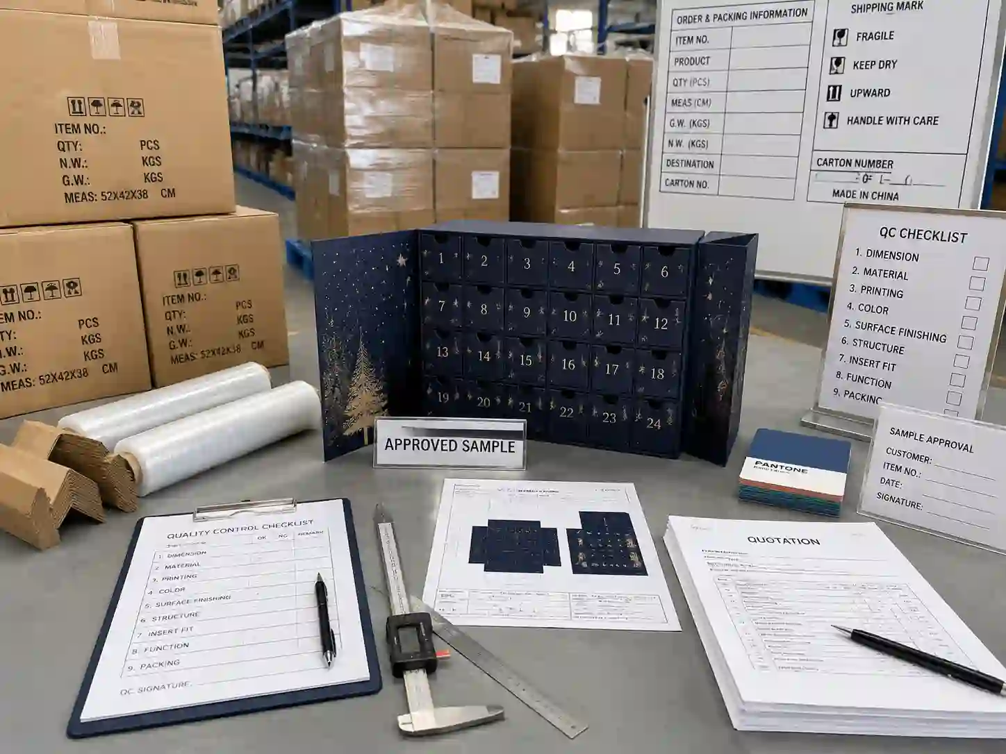 QC inspection and export packing preparation for custom holiday packaging orders
