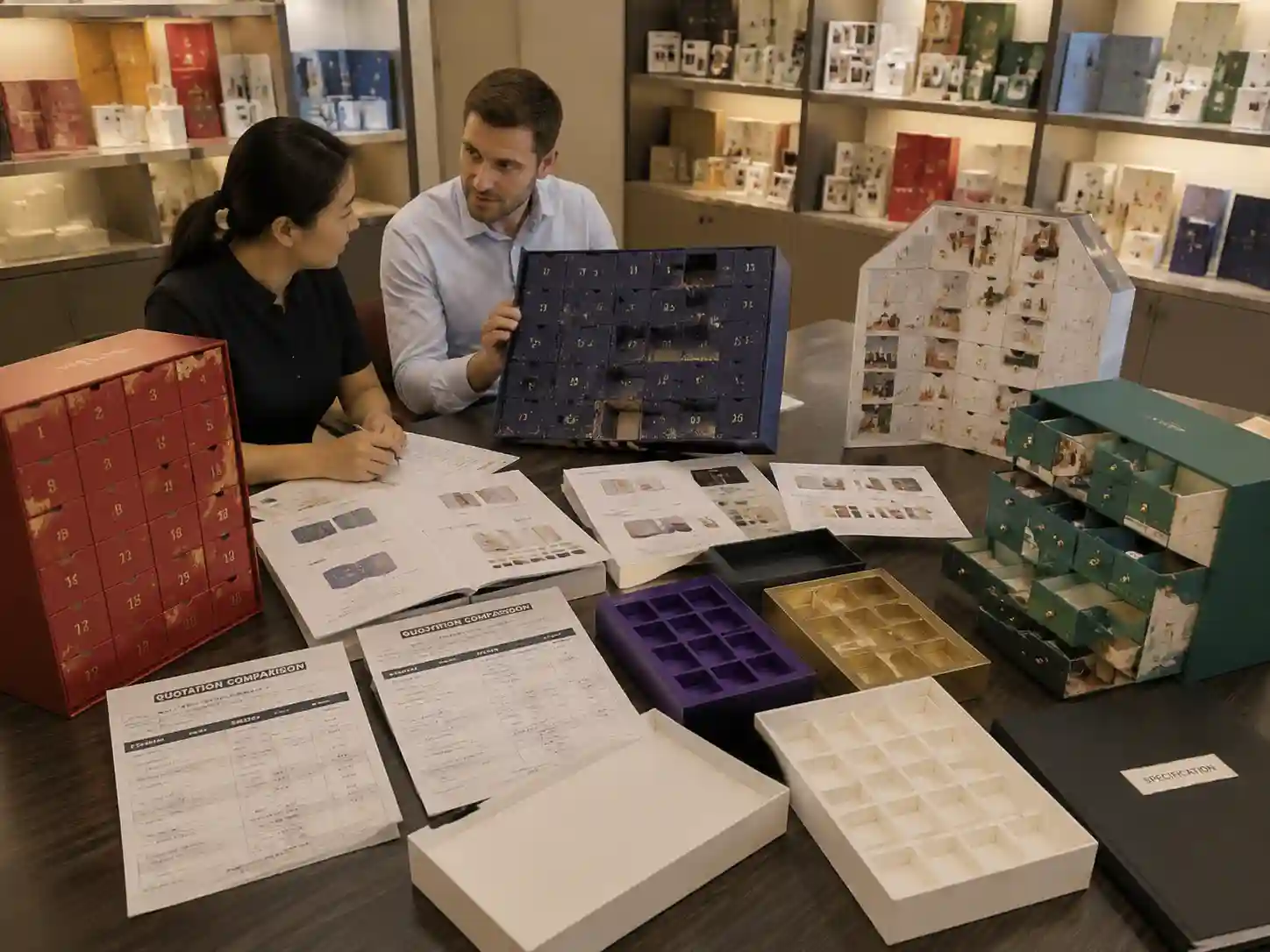 Buyer comparing advent calendar box structures from trading company and factory suppliers in a B2B packaging showroom