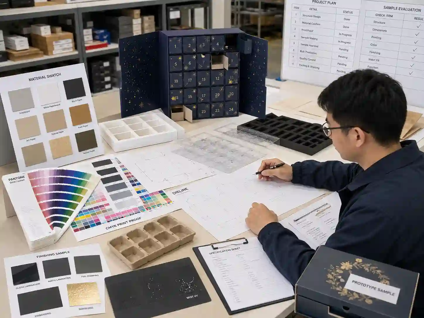 Packaging engineer reviewing advent calendar box materials, artwork proofs, and prototype samples