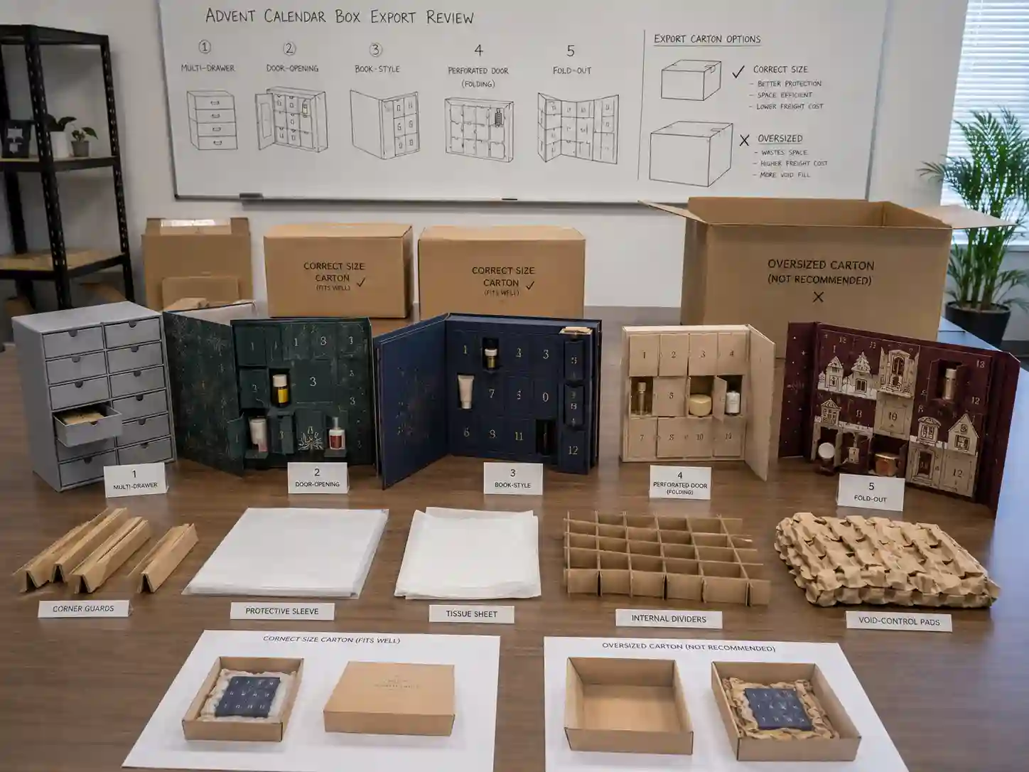 Comparison of export cartons and protective packing for rigid and folding advent calendar boxes