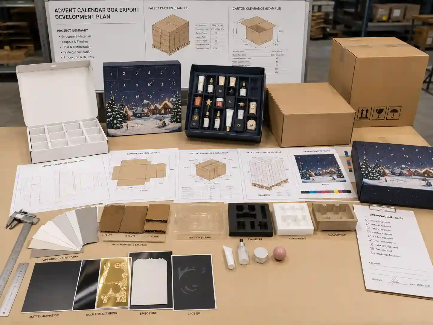 Factory planning table with carton drawings, advent calendar samples, inserts, artwork proofs, and finishing materials