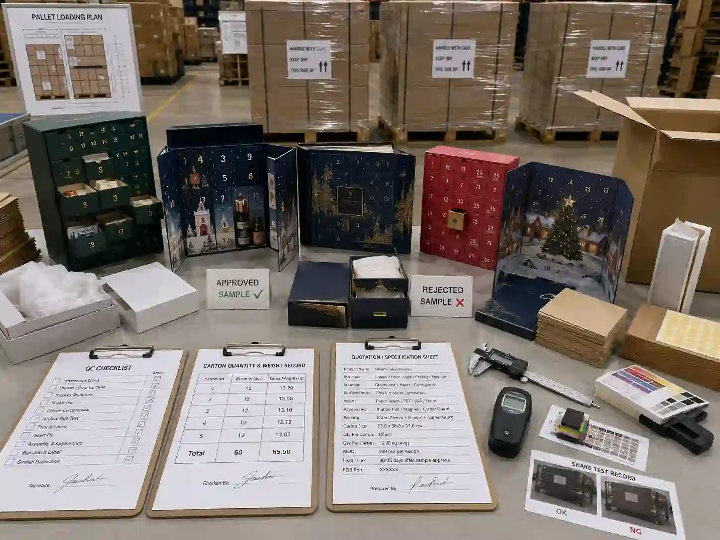 Quality inspection and pallet preparation for export cartons containing custom advent calendar boxes