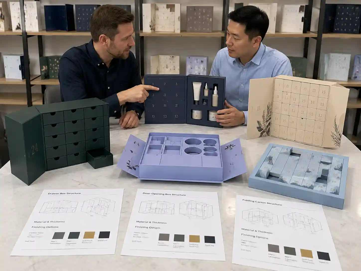 B2B buyers comparing custom advent calendar box structures with Chinese packaging supplier samples
