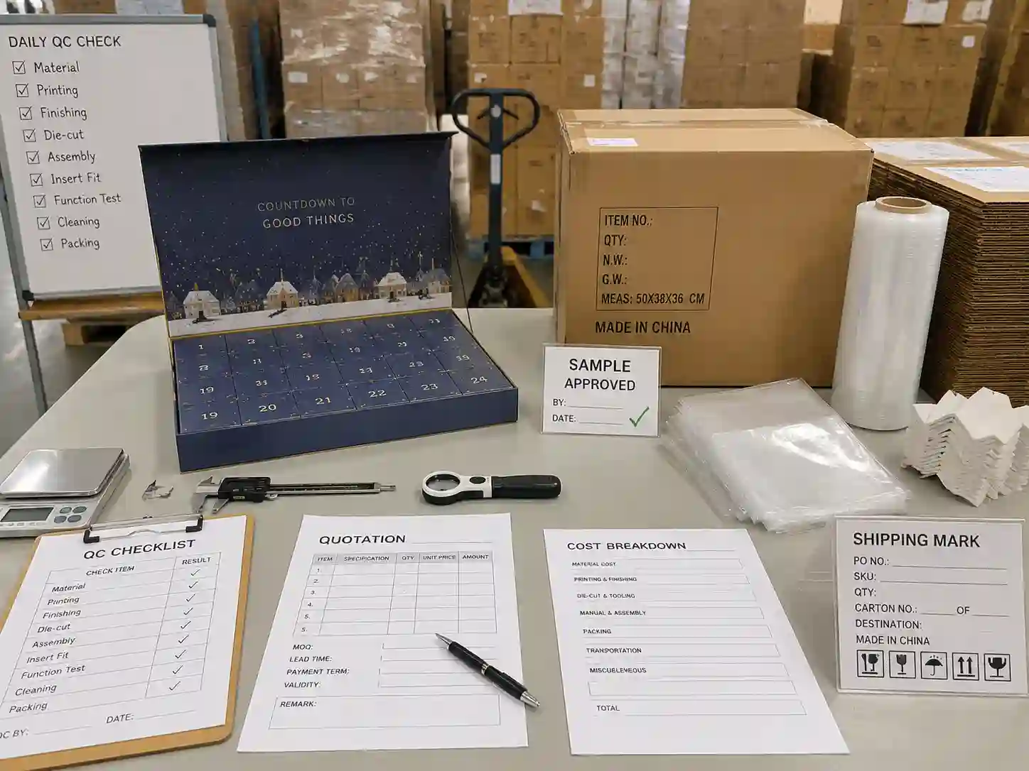 QC inspection and export packing preparation for custom advent calendar boxes