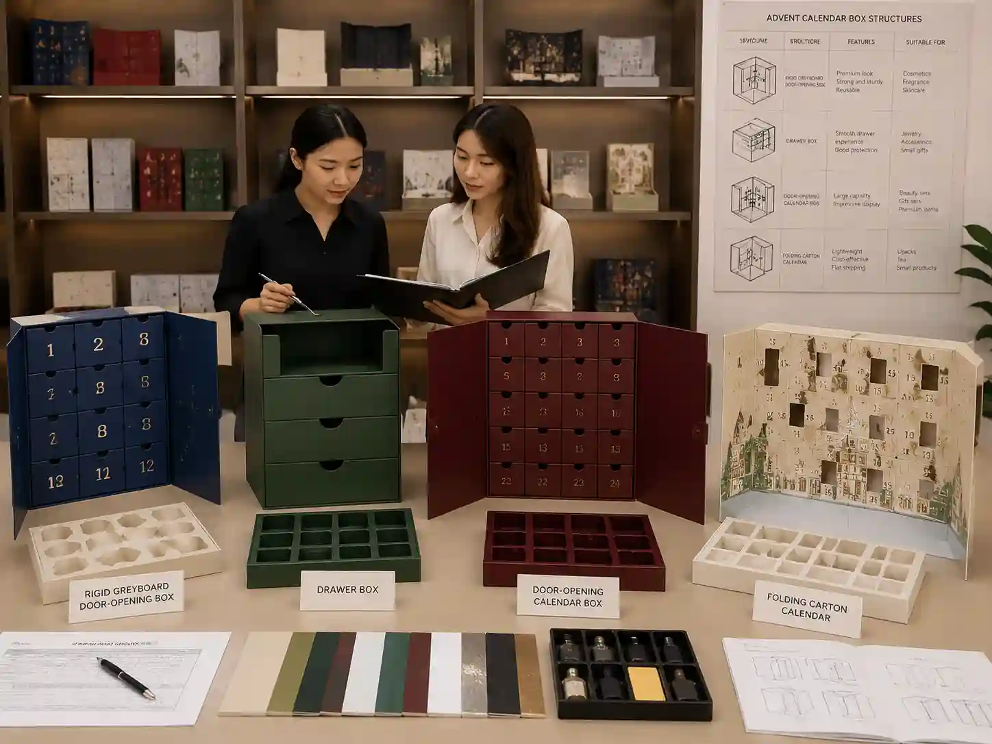 B2B comparison of different custom advent calendar box structures from China factories