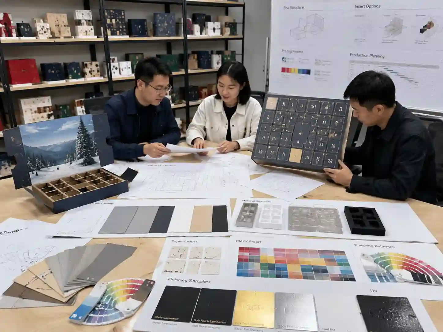 Packaging engineers comparing advent calendar box samples, materials, and prototypes