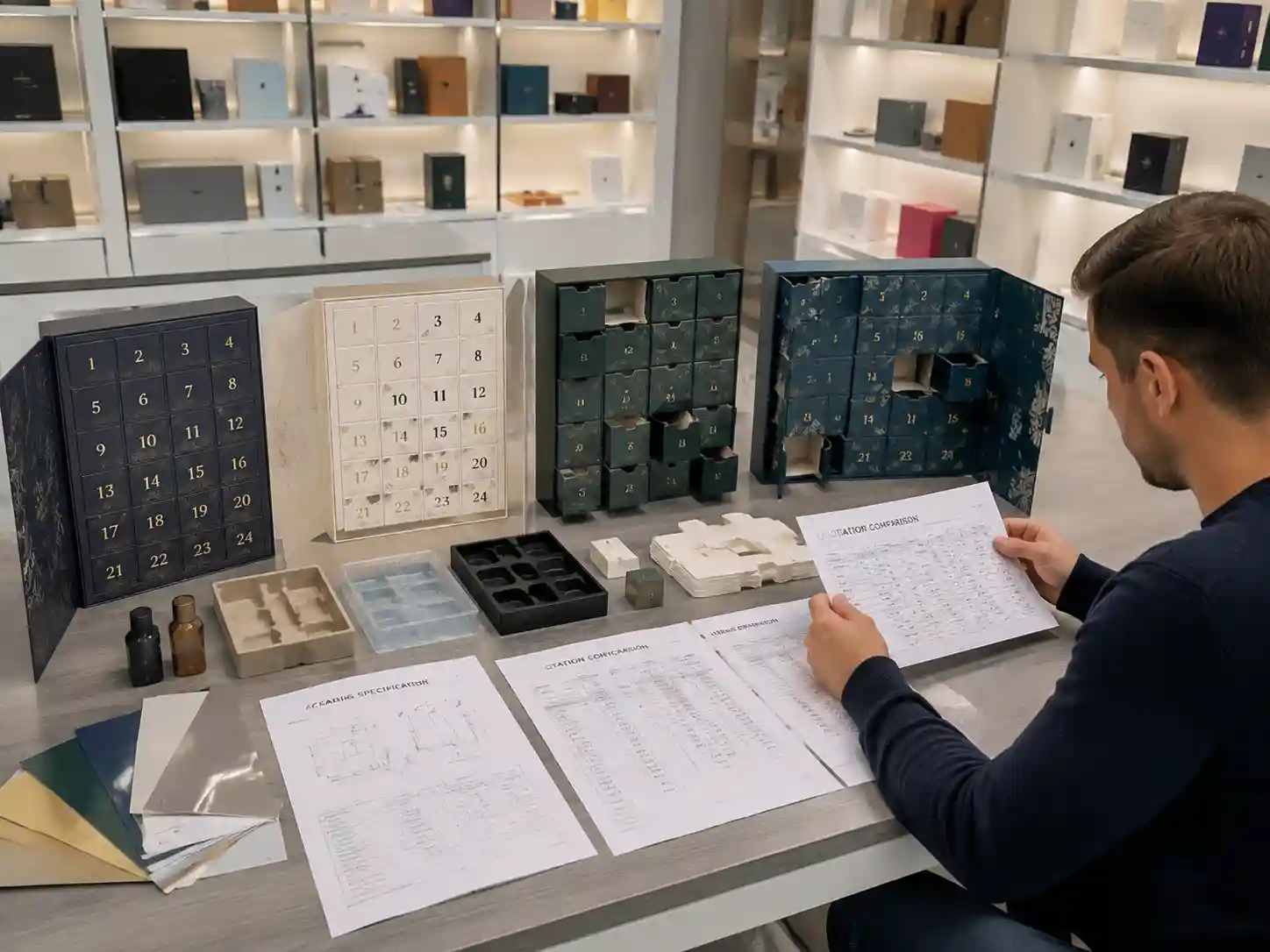 B2B buyer comparing factory quotations and advent calendar box structures in a packaging showroom
