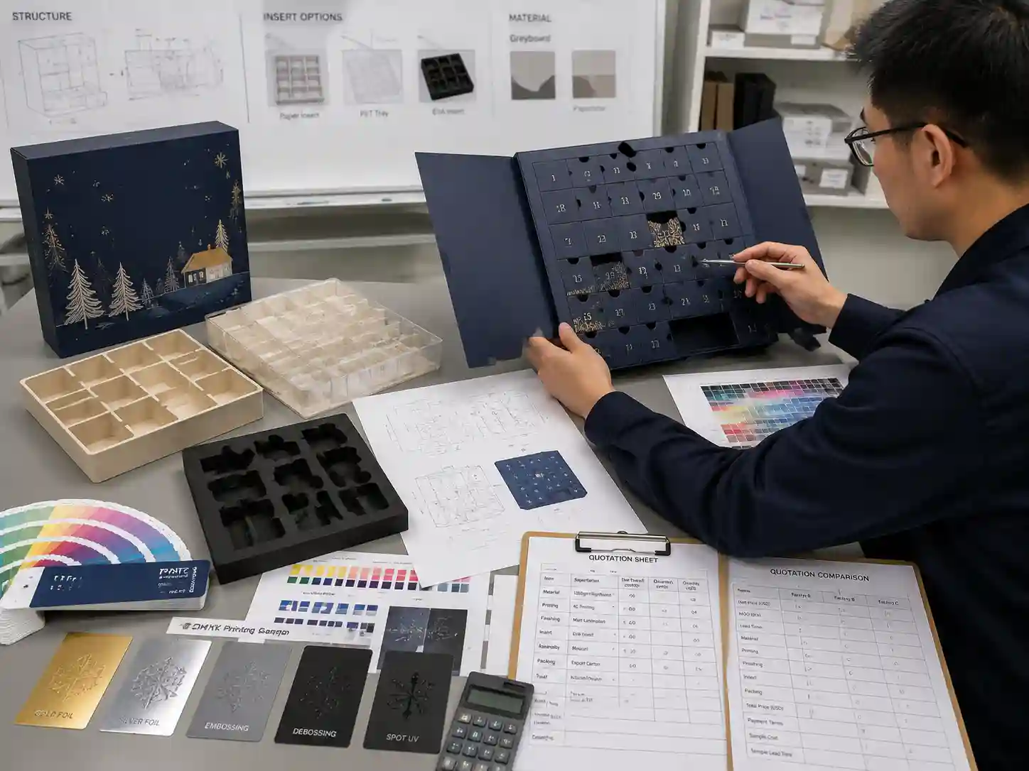 Packaging engineer reviewing advent calendar box materials, samples, dielines, and quotation details