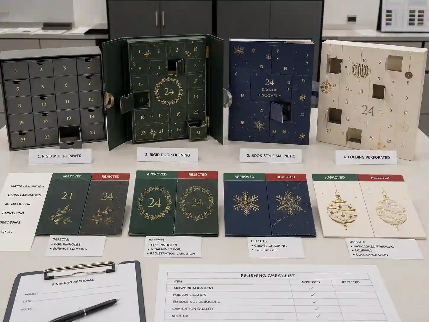 Finished advent calendar box samples compared for foil, embossing, spot UV, and lamination approval before mass production