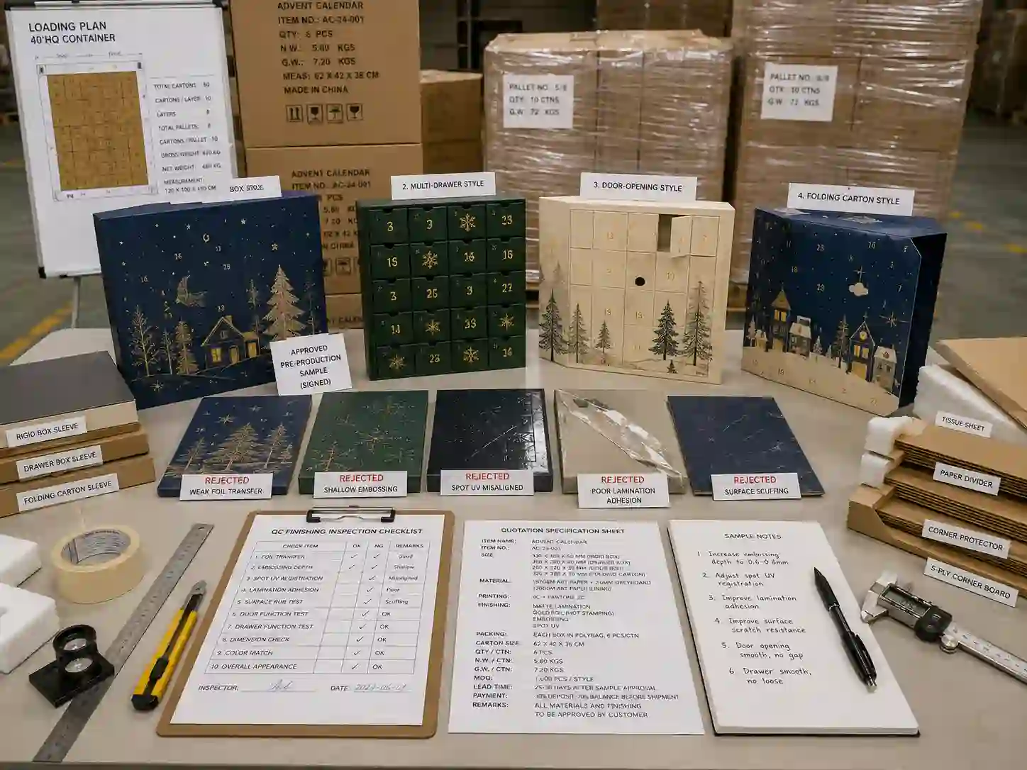 Advent calendar finishing quality control, export packing, and quotation preparation before mass production