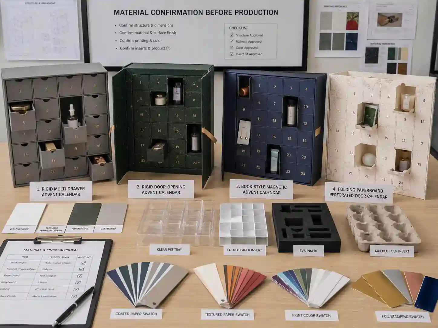 Finished advent calendar box samples compared with board, paper, and insert materials before production approval