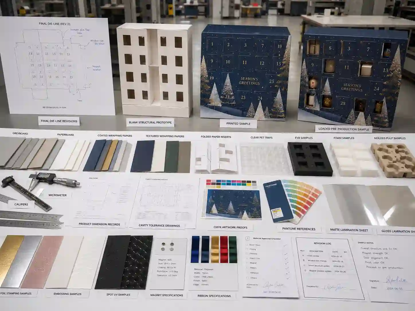 Factory material confirmation table with dielines, board swatches, inserts, artwork proofs, and pre-production samples