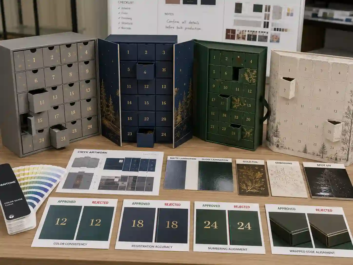 Finished advent calendar box samples compared for printing, color, finishing, and artwork alignment before bulk production
