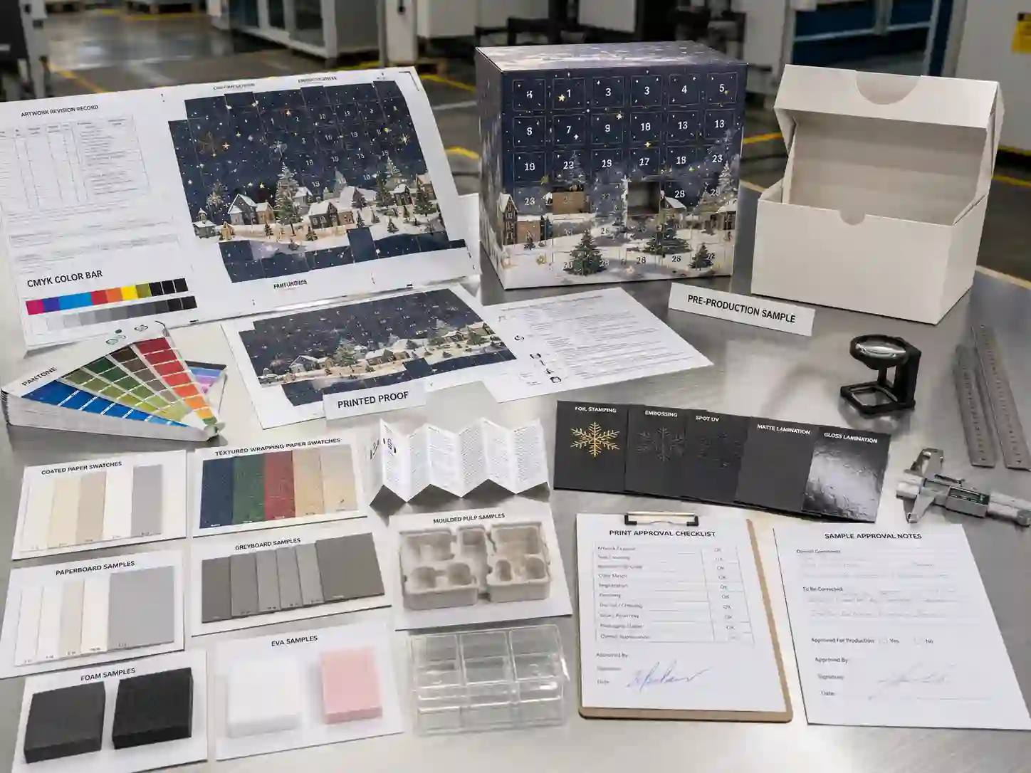 Factory table with dielines, color proofs, materials, finishes, inserts, and pre-production sample for printing approval