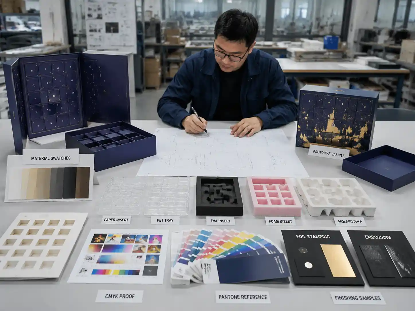 Packaging engineer reviewing materials, dielines, inserts, and production planning samples