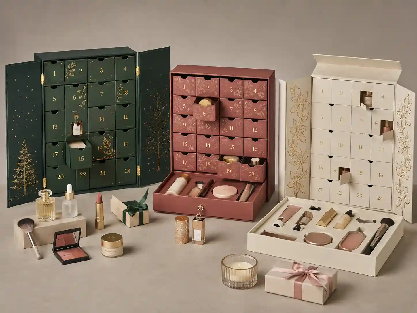B2B beauty gift set advent calendar box structure comparison with cosmetic products and fitted inserts