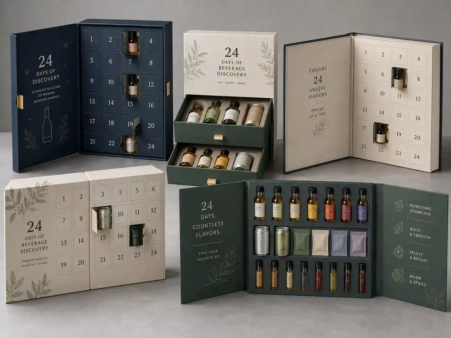Finished beverage sample advent calendar box structures with mini bottles cans sachets and fitted compartments