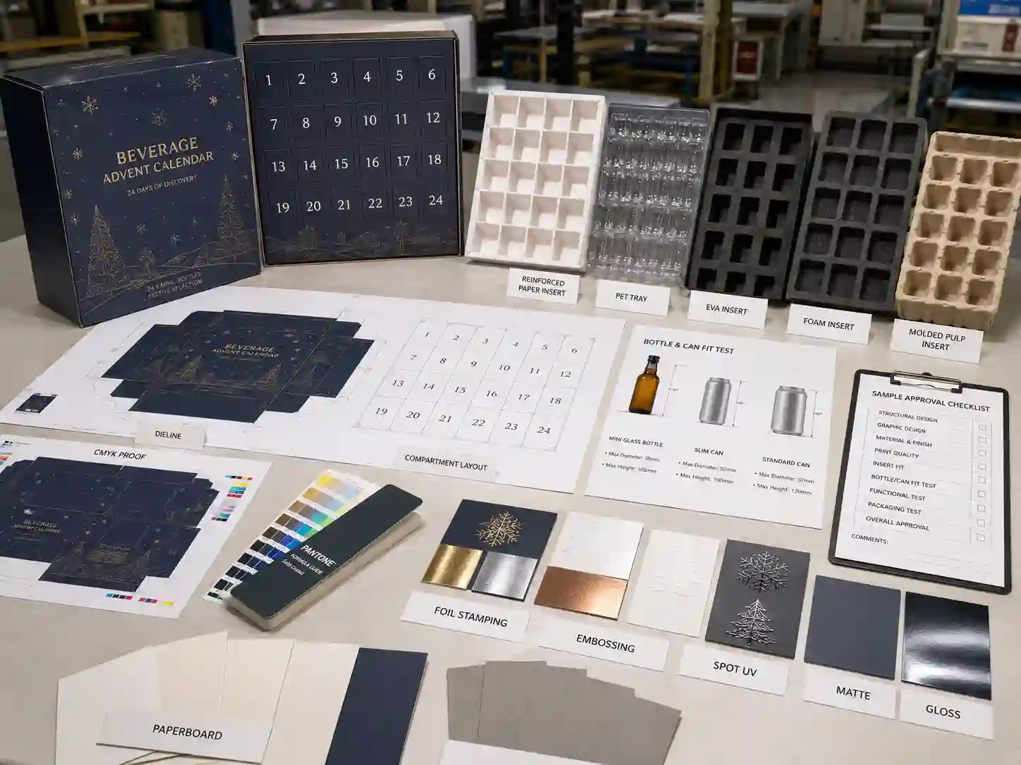 Beverage advent calendar box dieline material swatches insert samples and artwork proof review