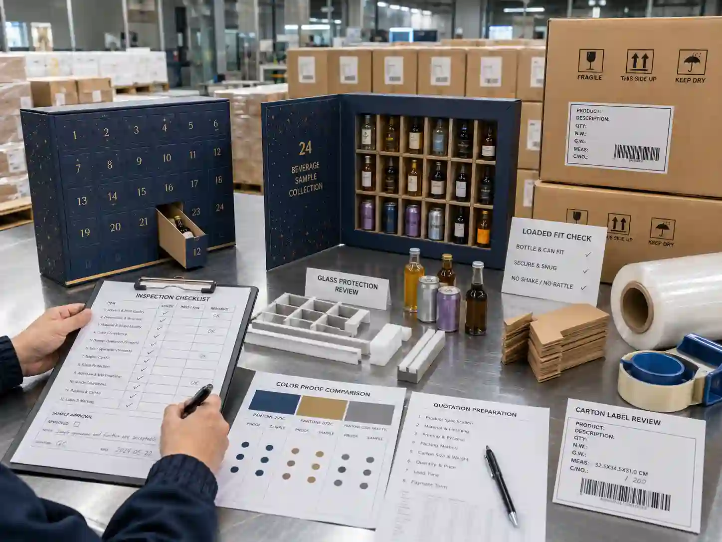 QC export packing and quotation preparation for beverage advent calendar boxes with cartons and checklist