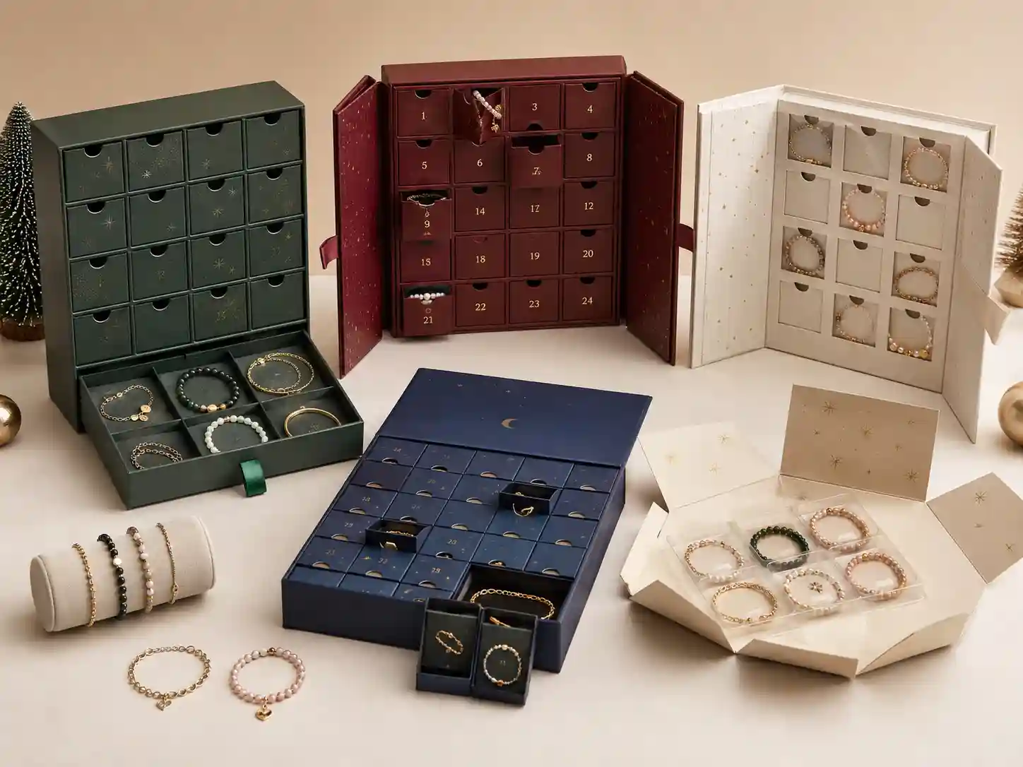 Finished bracelet advent calendar box structure comparison with bracelet inserts and generic retail labels