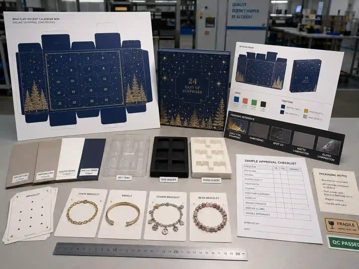 Bracelet advent calendar box development table with dielines material swatches insert samples and artwork proof