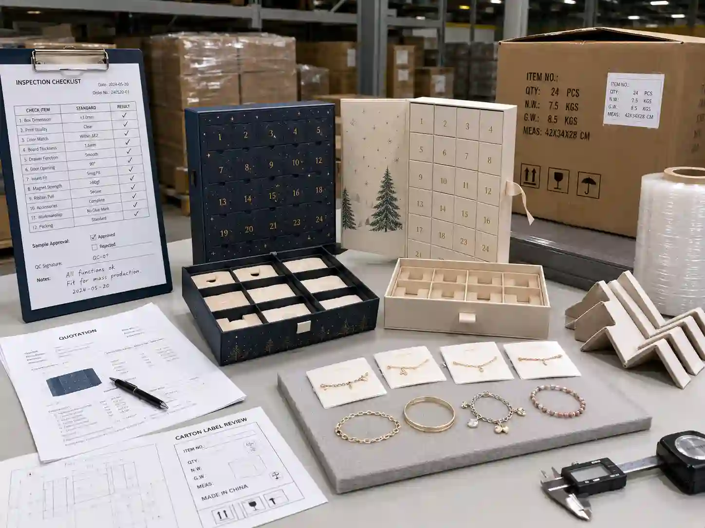 QC and export packing inspection for bracelet advent calendar boxes with cartons and shipping marks
