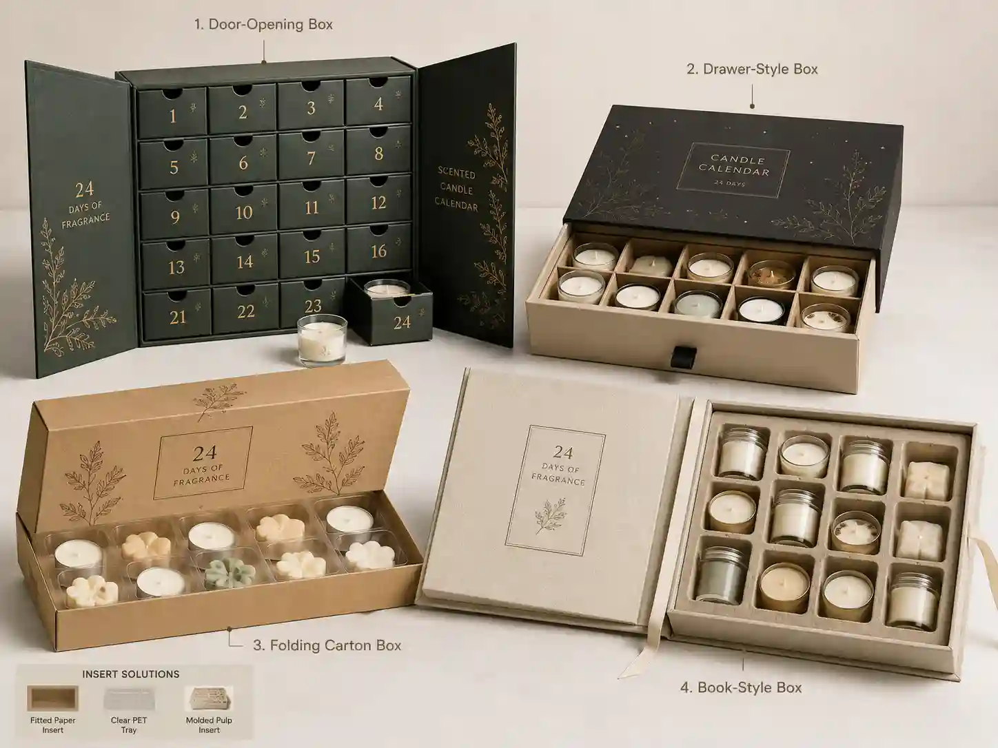 Finished sample comparison of candle advent calendar boxes with rigid, drawer, folding carton, and book-style structures