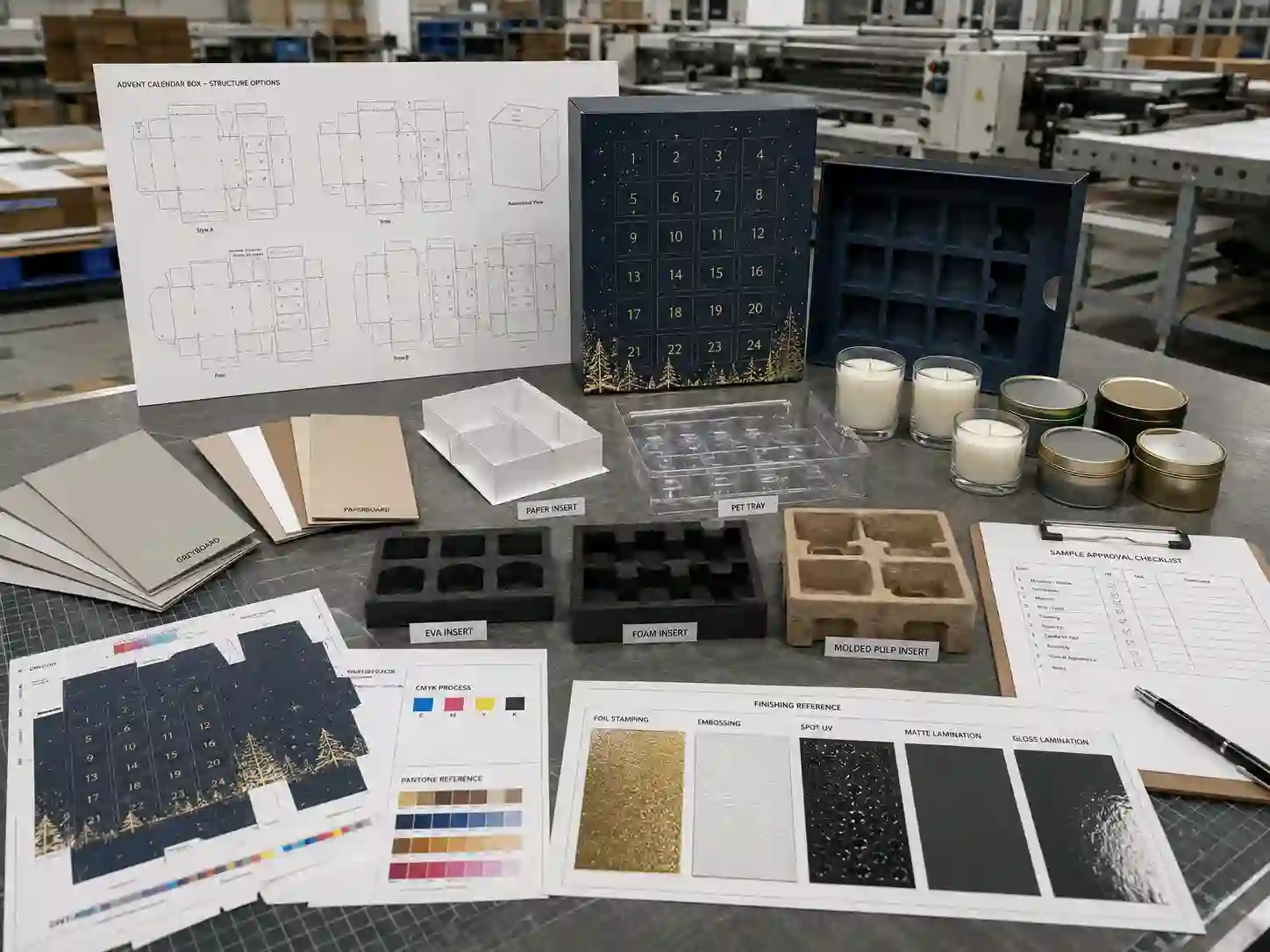 Dieline, material swatches, insert samples, and artwork proof for custom candle advent calendar box development