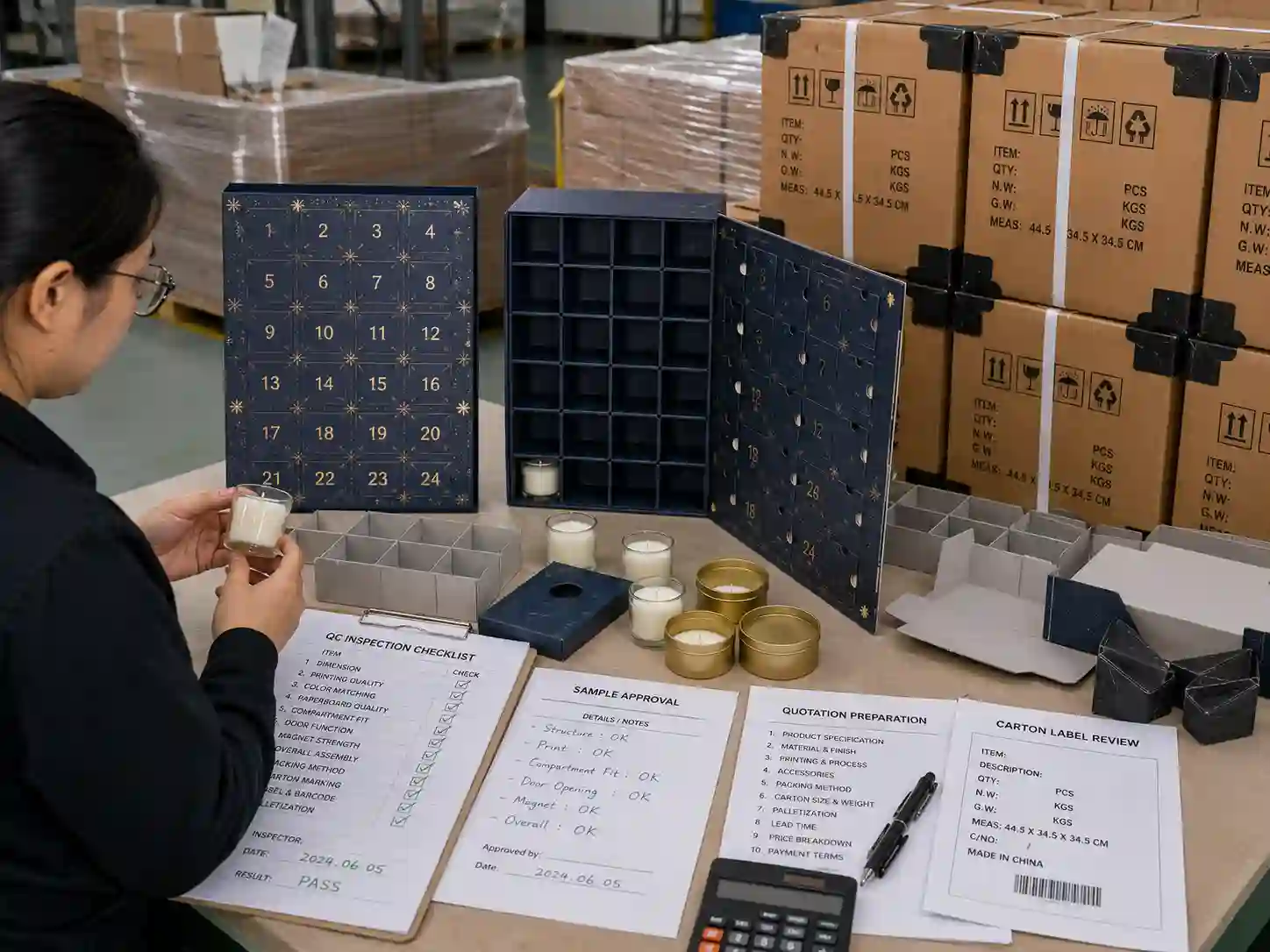 QC inspection and export packing review for candle advent calendar boxes with cartons and pallet protection