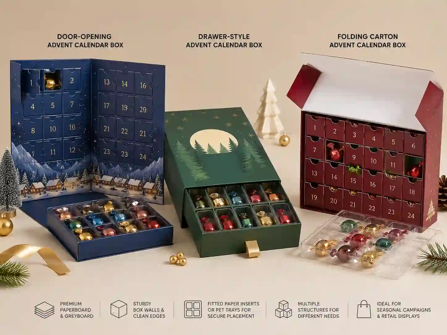 Finished candy advent calendar box samples comparing rigid, drawer, and folding carton structures with inserts
