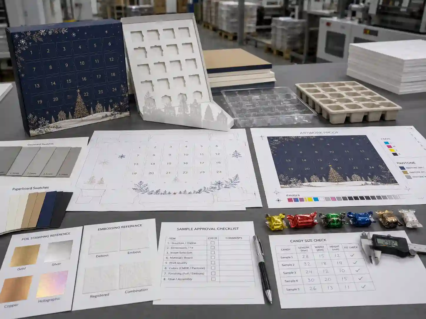 Candy advent calendar box development table with dielines, material swatches, inserts, and artwork proof