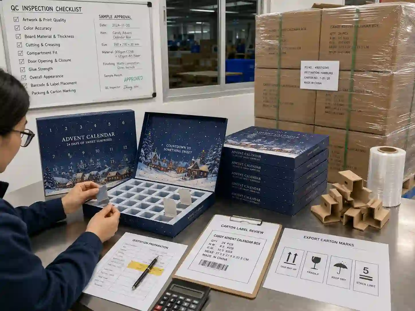 QC and export packing review for candy advent calendar boxes with cartons, checklist, and shipping marks