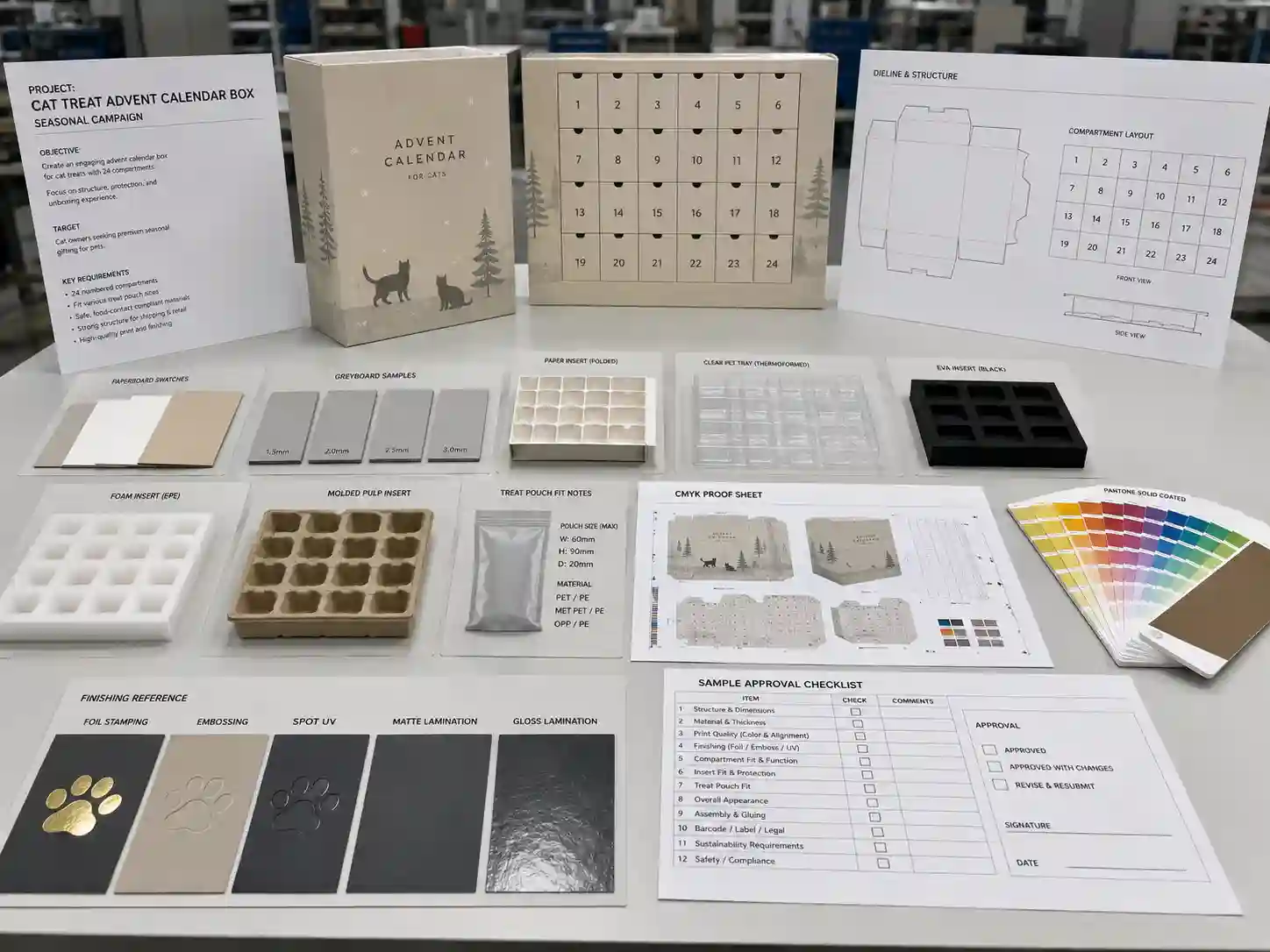 Production planning table for cat treat advent calendar box dielines, inserts, material swatches, and artwork proofs