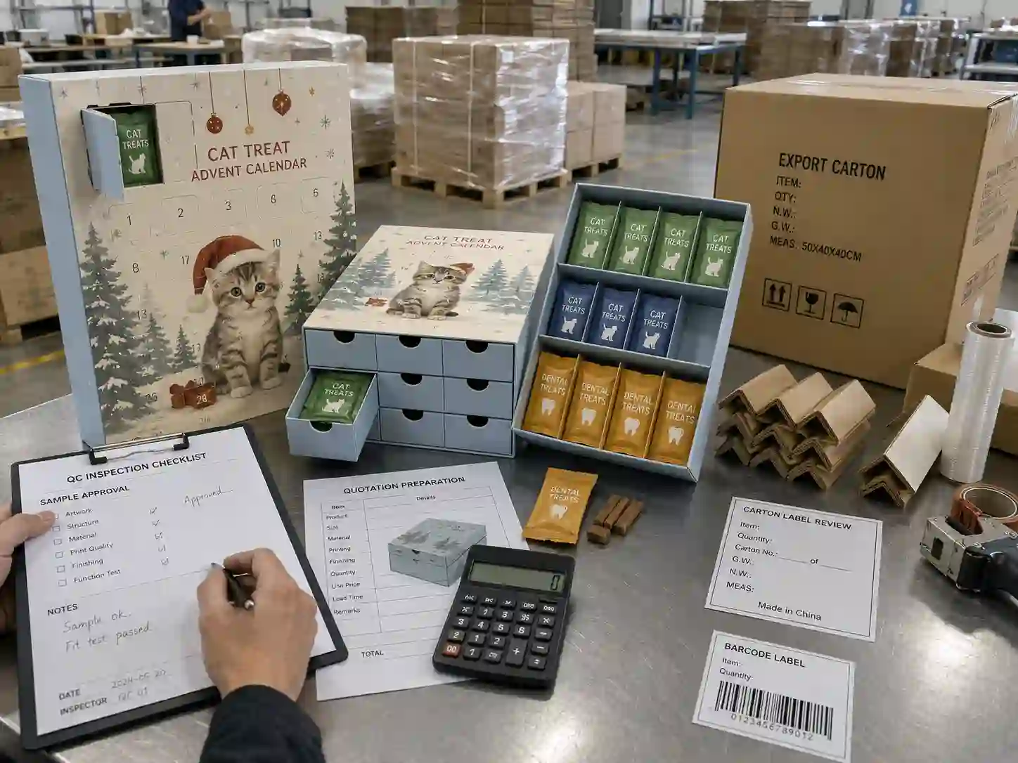 QC and export packing check for cat treat advent calendar boxes with cartons, pallet wrap, and inspection documents